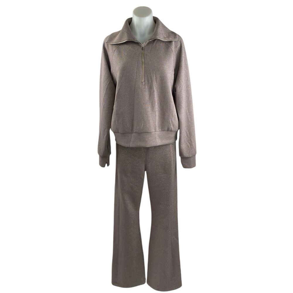 Women's Taupe Metallic Two-Piece Lounge Set